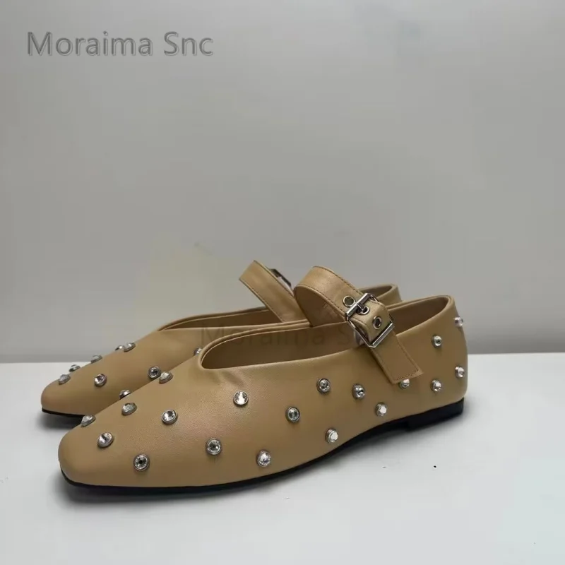 Zapatos planos de Ballet con diamantes de imitación para mujer, zapatos planos de cuero con hebilla de cinturón y punta cuadrada, cómodos, informales, combinan con todo