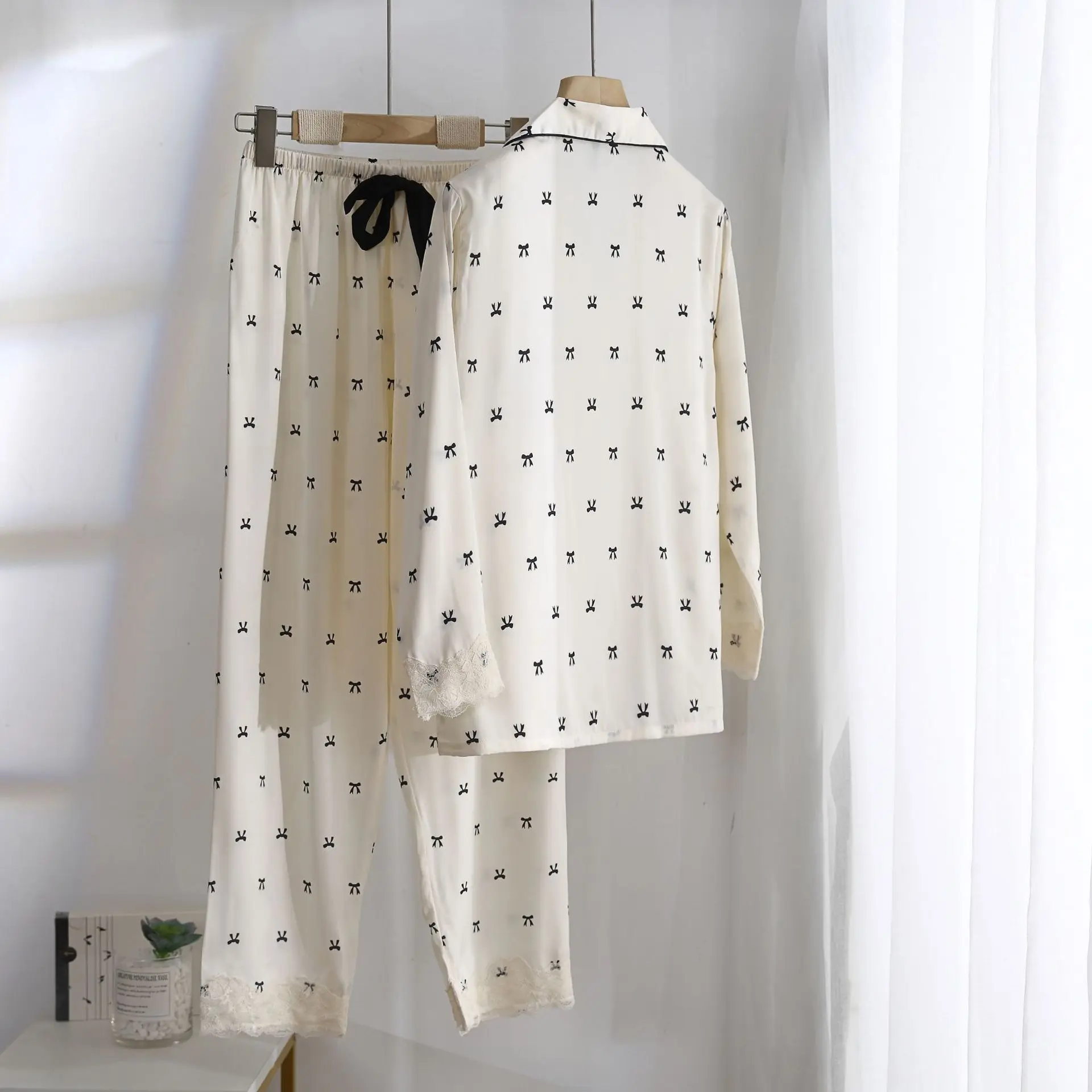 Women 2PCS Pajamas Set Spring Summer Long Sleeve Trouser Pijamas Suit Lingerie Lace Sleepwear Female Satin Home Wear Clothing