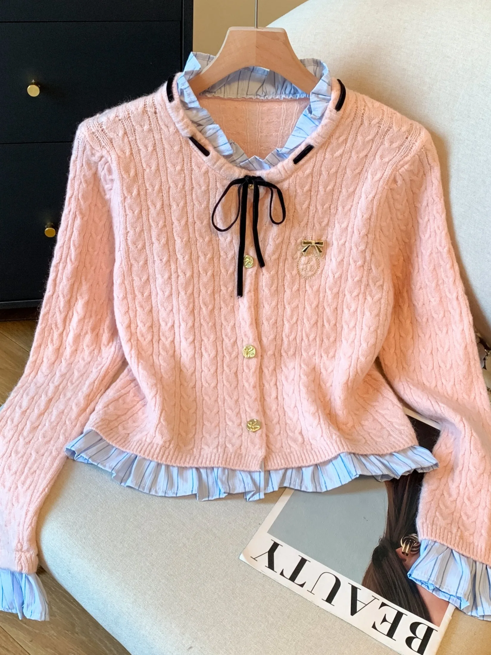 

Женский вязаный кардиган Long Sve Slim Fit ort Top Ранняя осень Design Sense Self-Kept Sle Комплект из двух предметов с узлом