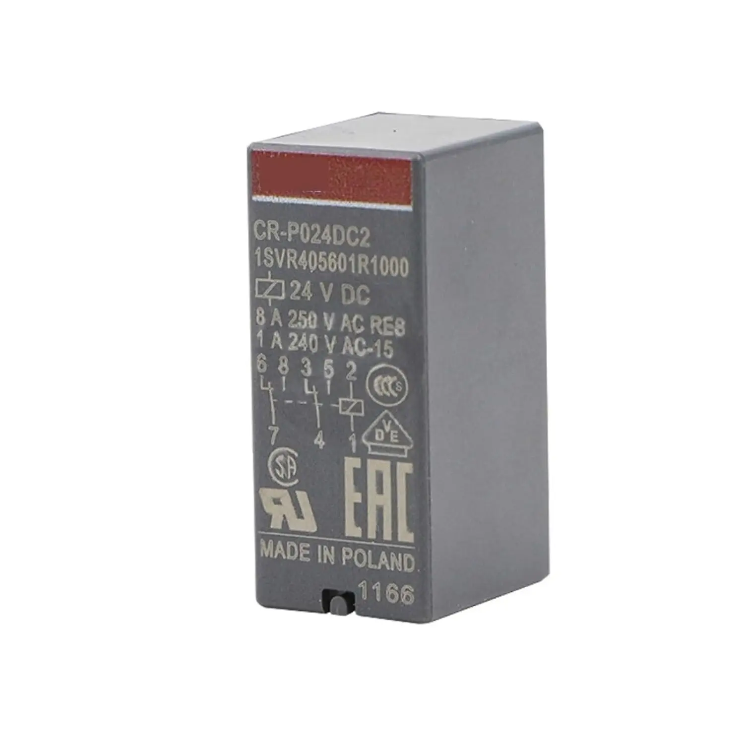10038810 CR-P024DC2 1SVR405601R1000 Pluggable interface relay 2c/o, A1-A2=24VDC, 250V/8A