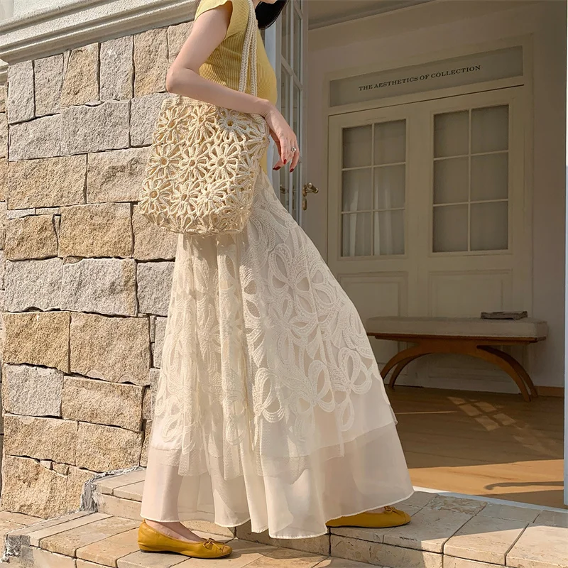 YZJNH 2026 Spring/Summer New Skirt Women's French Industry Embroidery Flower Lace Skirt High Waist A-line Loose Big Swing Skirt