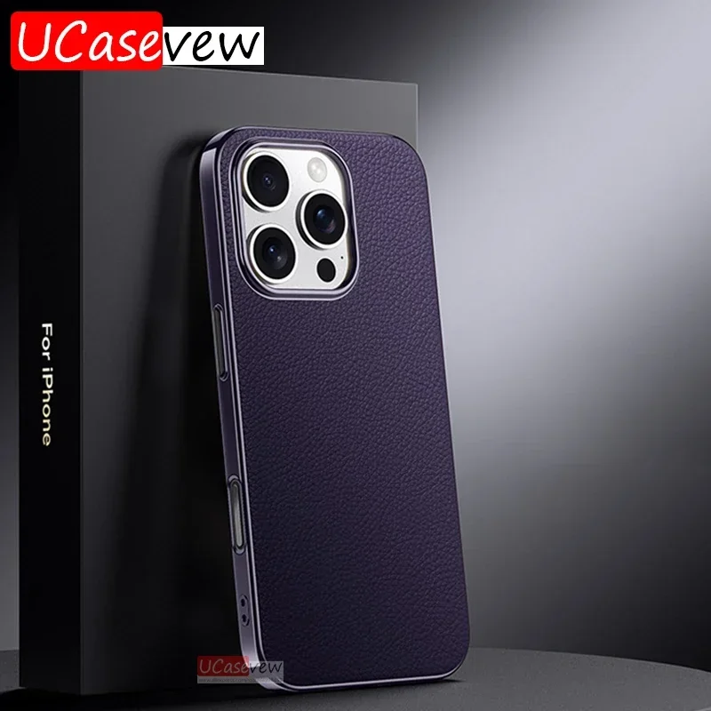 

For iPhone 16 15 14 13 Pro Max Case Luxury Genuine Leather +Electroplated Frame Ultra-thin Cover For iPhone16 15 Pro 15 16 Plus