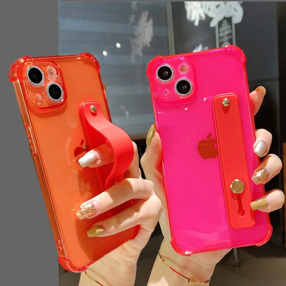 Transparente helle Fluoreszenz hülle für iPhone 15 14 13 12 11 pro xs max mini xr x xs 8 7 plus se tpu Armband ständer abdeckung