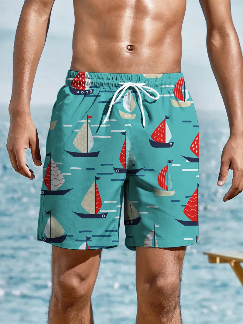 Summer fashion men's beach sailboat elements 3D digital printing casual sports large size shorts street trend shorts