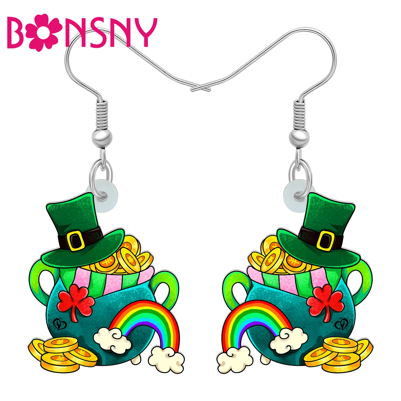 BONSNY Acrylic St Patricks Day Earrings Gold Coin Pot Green Clover Hat Dangle Irish Holiday Jewelry Good Luck Gifts For Women