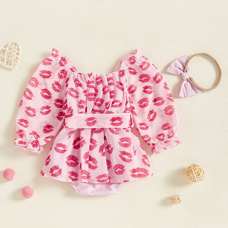 Baby Girl Valentine’s Day Outfits Long Sleeve Lips Print Romper with Headband 2 Pieces Set Spring Newborn Clothes