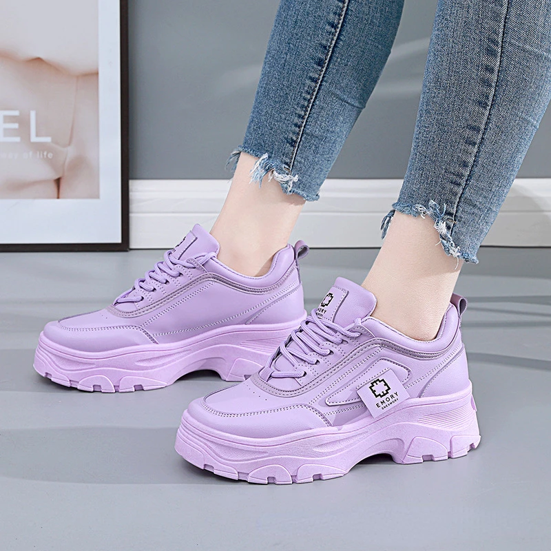 Spring Bright Purple Color Chunky Shoes Women's Vulcanized Sneakers Platform Shoes New Girls Wedge Leather Sneakers Woman Shoes