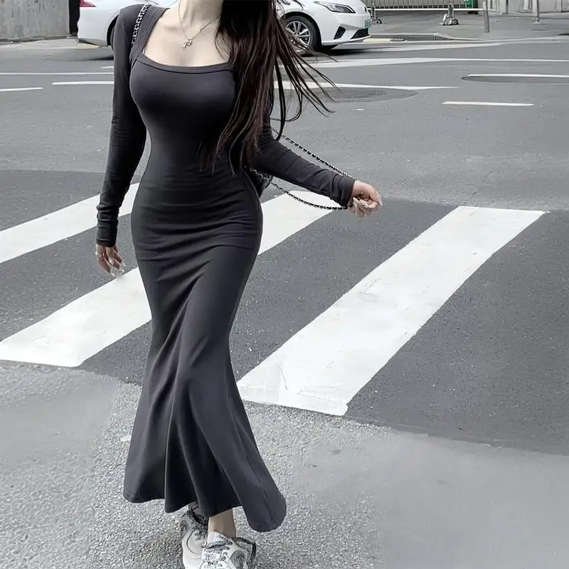 

plus Size Square Ne Long Sve Dr Women's Autumn Winter Slimming Fi Tail Long Dr Base Layer Skirt Sexy Sle Polye...