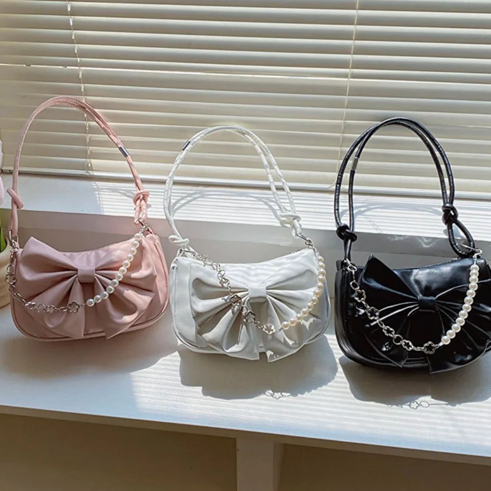 Trendy Pearl Bow Shoulder Bag Underarm Bag Daily Commuting Bag Casual Handbag Solid Business Women\'s Bag