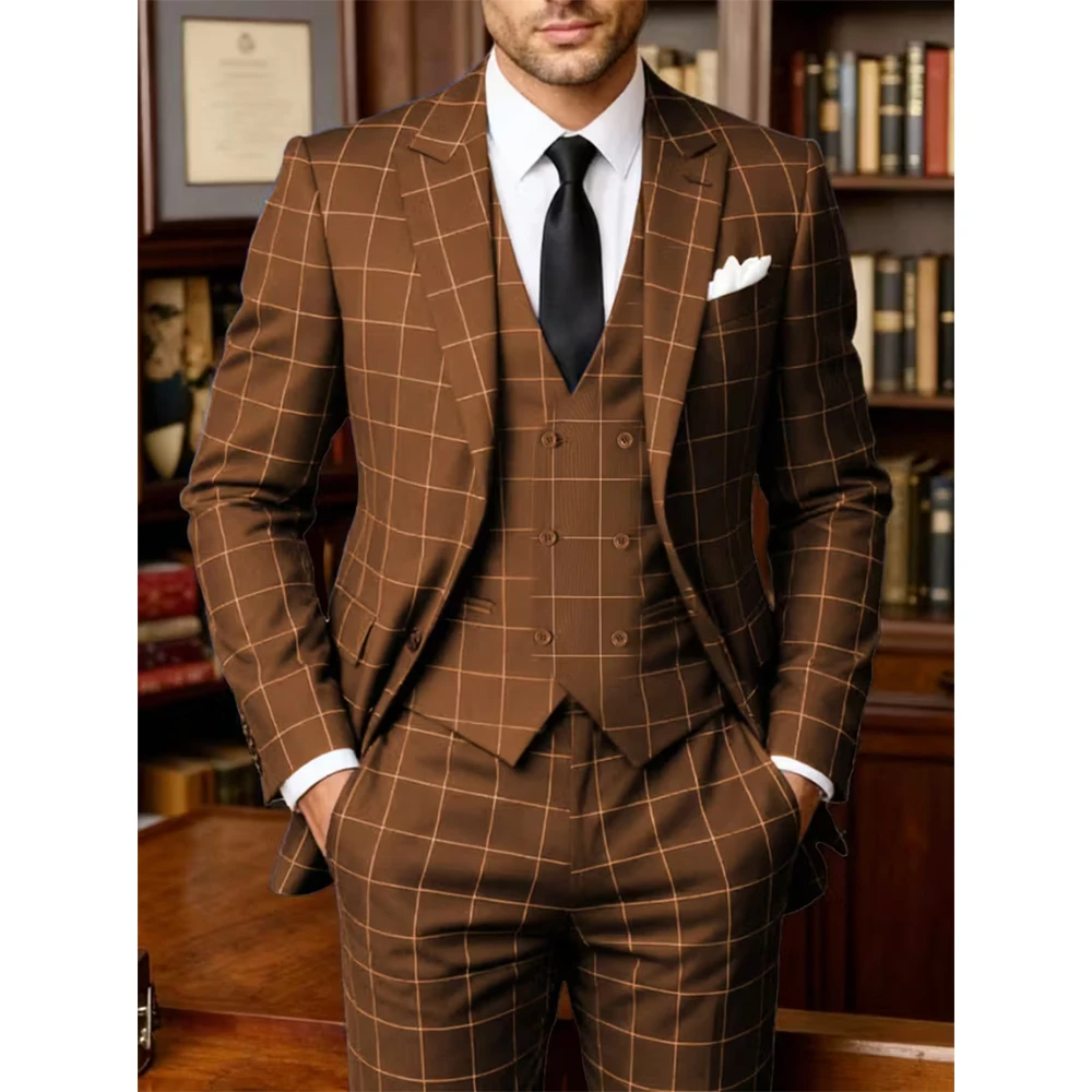 

Elegan Men's Suits 3 Pieces Jacket Vest Pant Sets High Quality One-Button Peak Lapel Male Wedding Banquet Clothing Blazer Homme