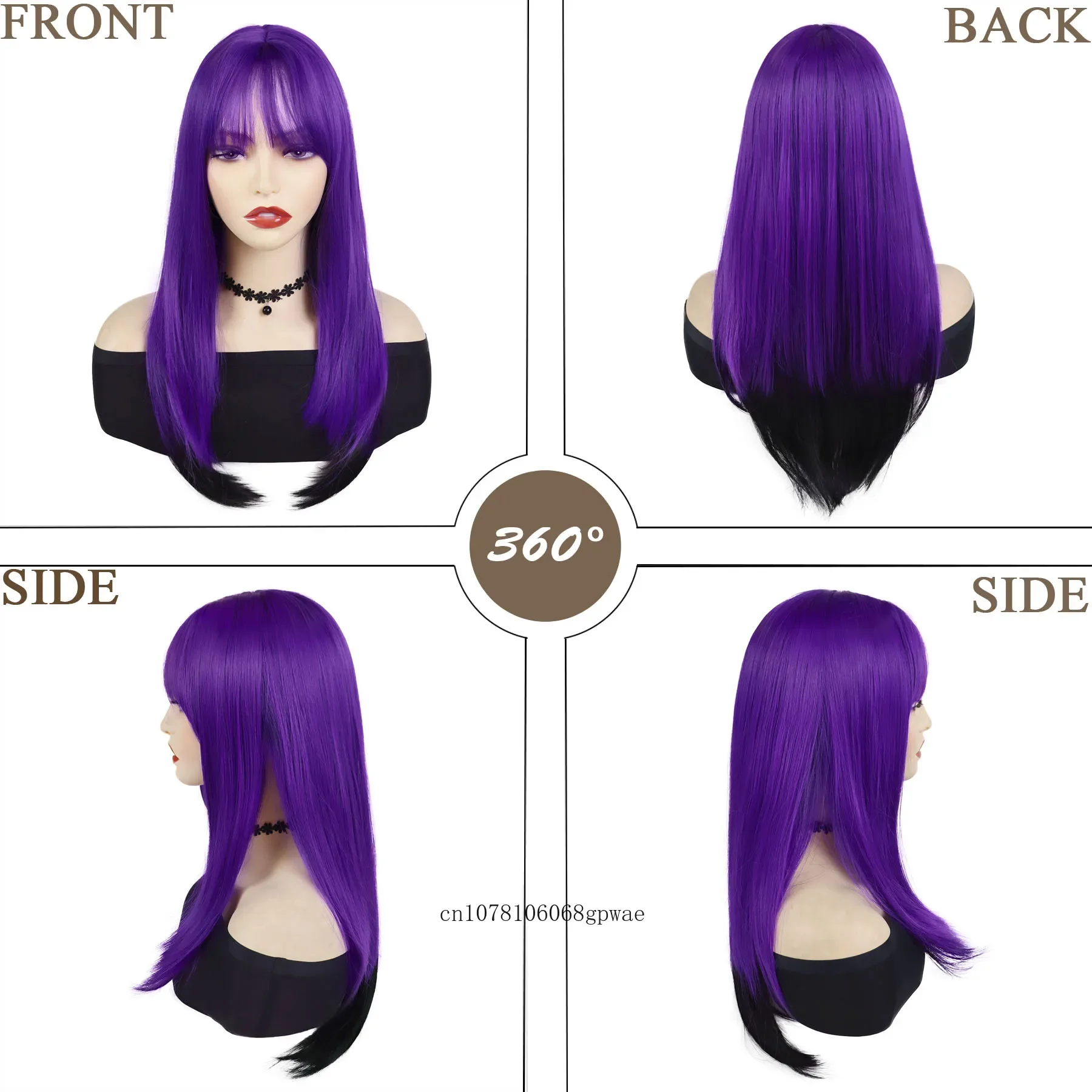 Wig panjang lurus sintetis 22 inci dengan poni untuk wanita kostum Halloween Wig hitam Ombre ungu pesta Cosplay tahan panas