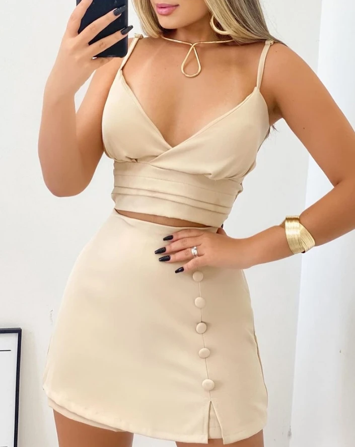 

Women Casual Two Piece Set Solid Deep V-Neck Spaghetti Strap Ruched Shirred Crop Cami Top and High Waist Button Skorts Set