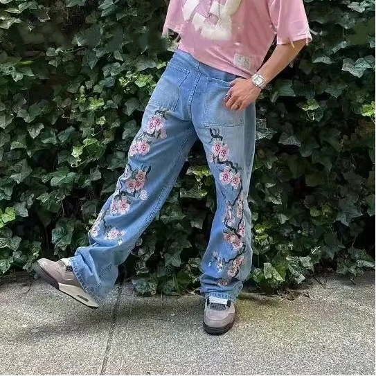 

Летние американские винтажные розовые широкие джинсы с цветочным принтом, женские прямые брюки с высокой талией, повседневные свободные модные брюки в стиле хип-хоп