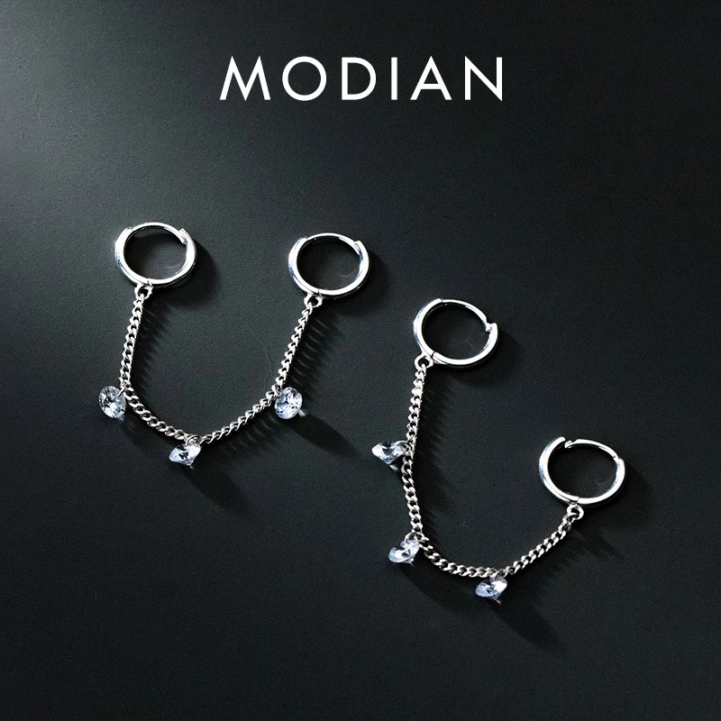 

Modian 925 Sterling Silver Sparkling Link Chain Zirconia Hoop Earrings Long Tassel Ear Buckles Swing CZ For Women Fine Jewerly