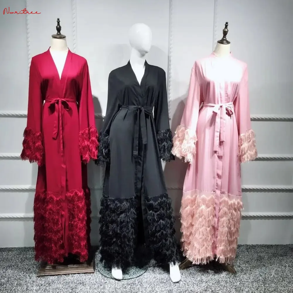 Elegant Thick Fluffy Lace Tassel Abaya Muslim Dress Full length Dubai Female Flare sleeve Islamic Dress wy1333 dropshiping