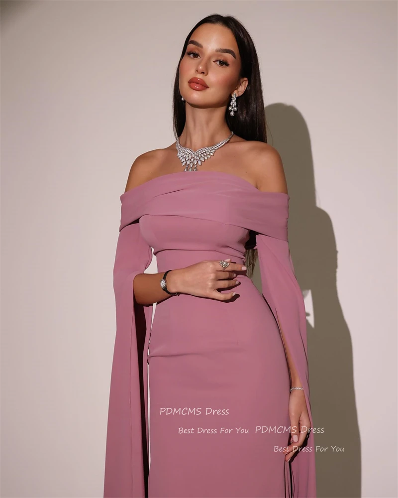 Modern Dusty Rose Saudi Arabic Women Evening Dresses Off Shoulder Flare Long Sleeves Silk Satin Dubai Formal Party Prom Gowns