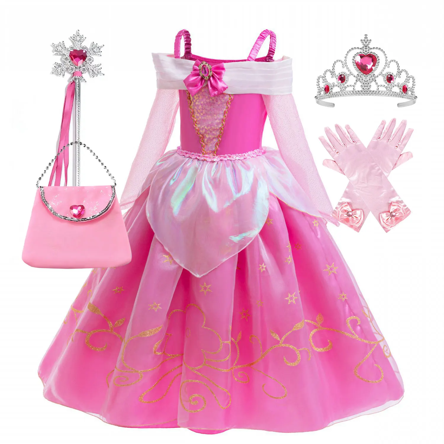 Girls Pink Off Shoulder Princess Dress Aurora Costume Bow With Ruby Inlaid Ball Gown Halloween Sleeping Beauty Role Play Apparel