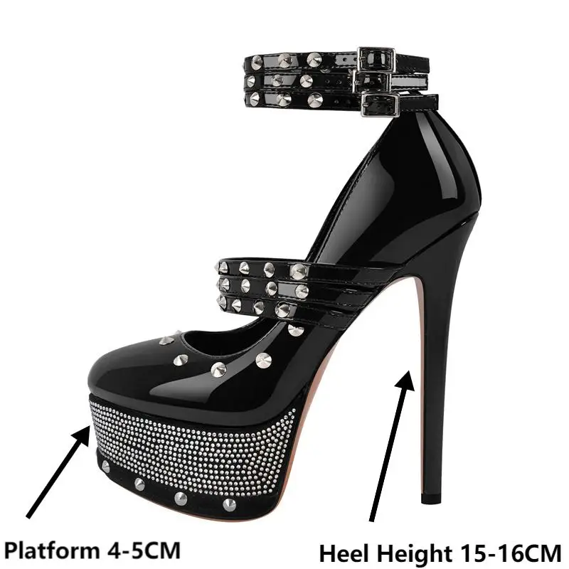 Onlymaker Women Platform Rivet Patent Leather Rhinestone Pumps High Heeled Plus Size Ankle Straps Female Stiletto Pumps