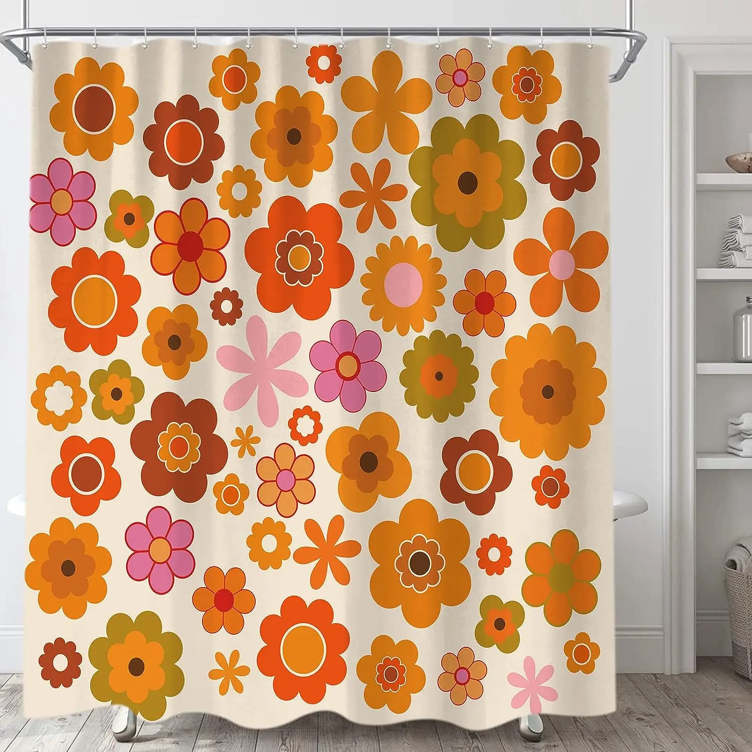 Retro Flowers Shower Curtain Groovy Brown Orange Sun Flower Vintage 70s Fabric Shower Curtains Set for Bathroom Decor 72x72 Inch