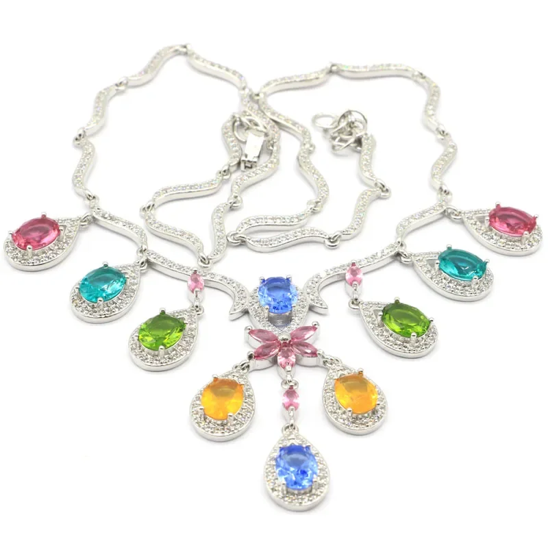 38g 925 SOLID STERLING SILVER NECKLACE Multi Color Peridot Tanzanite Citrine Kunzite Aquamarine White Sapphire Cz 18.5inch