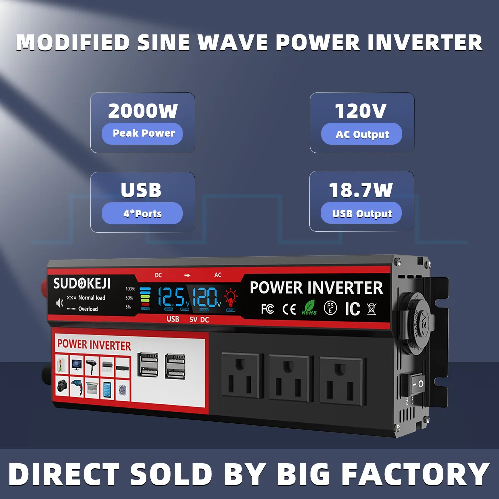 2000W Modifie Sine Wave Inverter DC12V To AC110V Auto Accessories Power Converter For Home Camping And RV with USB and US Plug