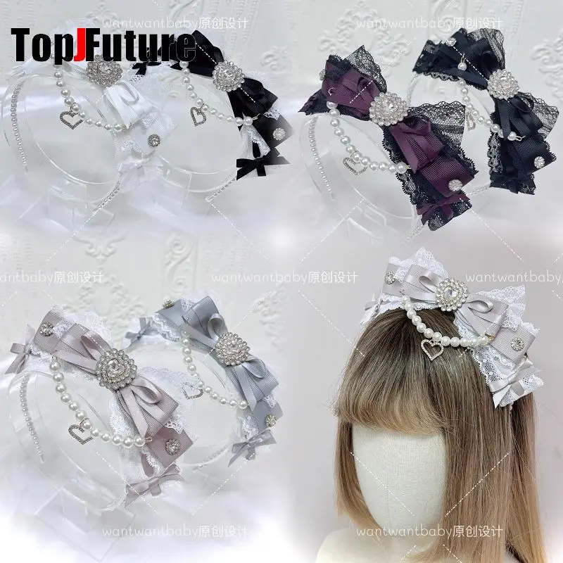

Lolita Subculture Y2K Spicy Girl Women's Harajuku Lace Pearl Bow Headband Dark Steampunk Gothic Hair Hoops Hair Accessory