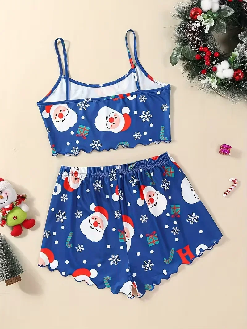 Snowflake Print Christmas Santa Pajama Set for Women's Sexy SleepwearAll-Season Round Neck Top and Shorts Set Loungewear