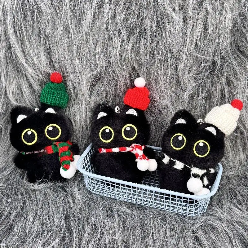 Cartoon Christmas Plush Black Cat Keychain Backpack Hanging Decoration Kawaii Soft Stuffed Doll Toy Bag Pendant Couples Gift