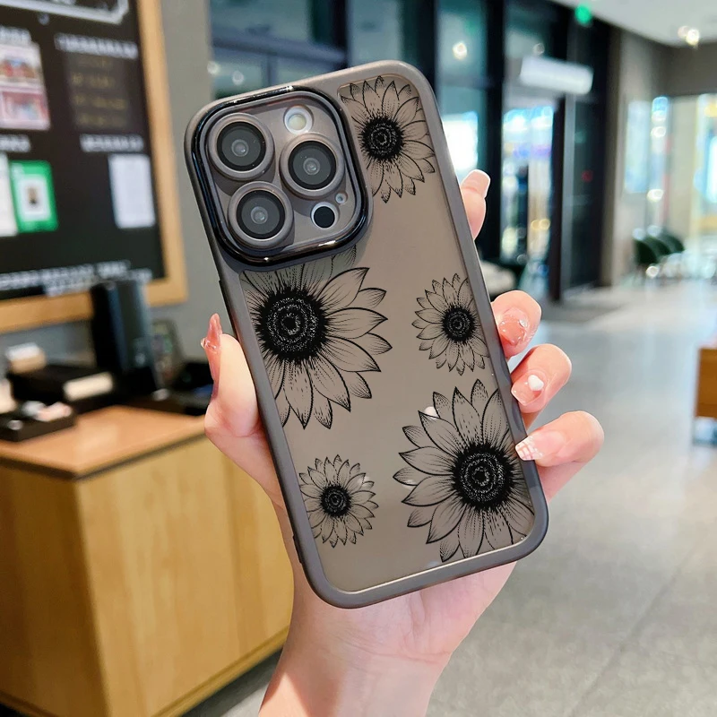 Sunflower Case For iPhone 16 Pro Max 11 12 13 14 15 Pro Max Luxury Lens Protector Shockproof Clear Soft Silicone Cover Fundas