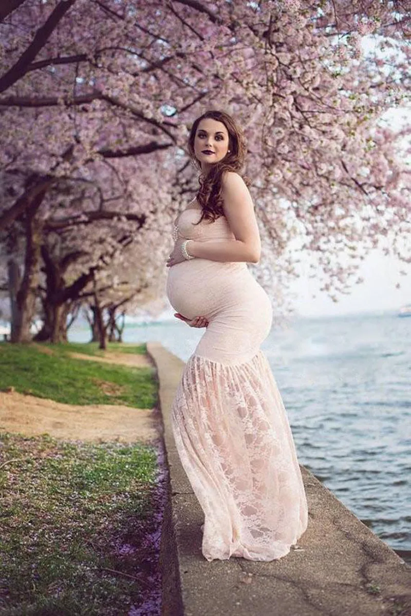 Sexy Strapless Maternity Shooting Dresses For Baby Shower Women Pregnancy Photo Gown Pink Lace Long Pregnant Photography Clothes