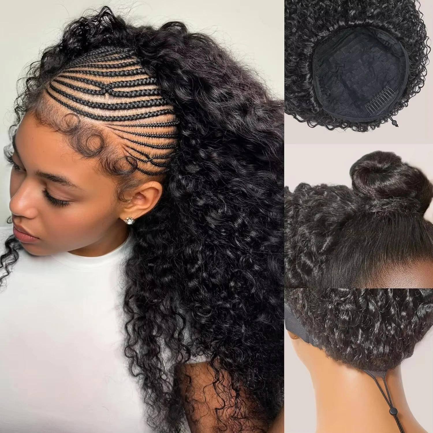 3 In 1 Human Hair Half Wigs 30 40 Inch Deep Wave Kinky Curly Half Wigs Human Hair Seamless Wear and Go Glueless Drawstring Wig