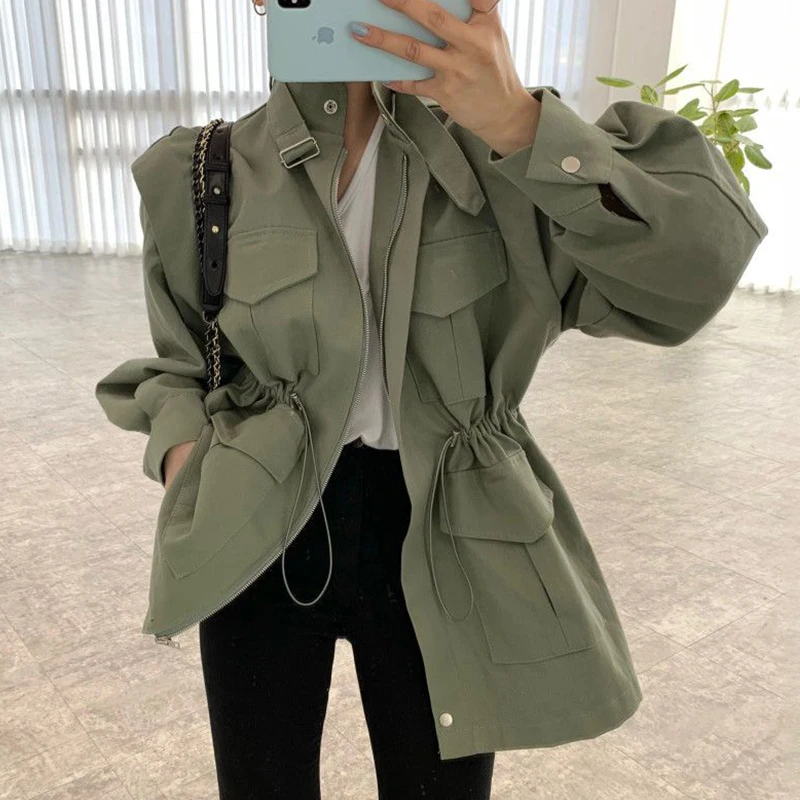 

SuperAen Korea Chic Retro Joker Stand Collar Multi-pocket Drawstring Waist Puff Sleeve Long Sleeve Coat for Women