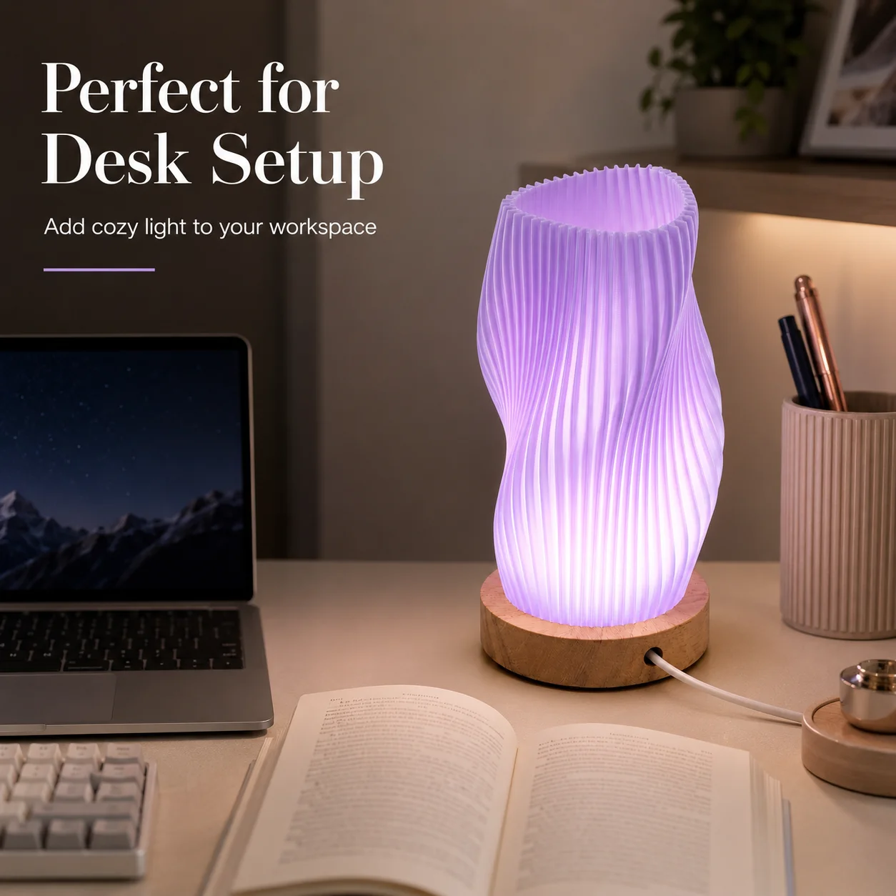 

Touch Control Dimmable Desk Lamp 3D Printed Shade Solid Wood Base, USB Powered Anti-Slip Ambient Table Light for Bedroom Living Room Home Office