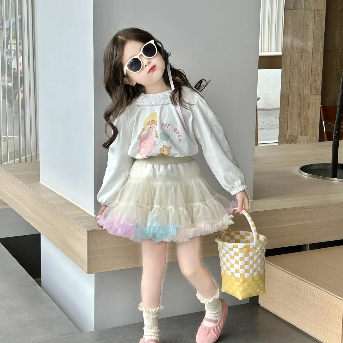 

Girls' 2024 Spring Wear New Korean Children's Knitted Doll Shirt+Colorful TUTUTU Skirt Set