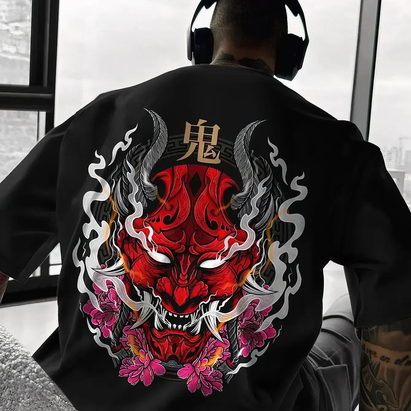 Japanisches Teufelsmasken-T-Shirt für Herren, traditionelle Oni-Kunst, bedruckt, Streetwear, kurze Ärmel