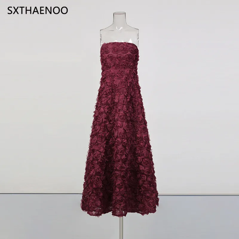 SXTHAENOO مثير حمالة ثلاثية الأبعاد زهرة الزهور فستان طويل المرأة بورجوندي بلا أكمام عارية الذراعين الأزهار ألف خط فساتين السهرة حفلة
