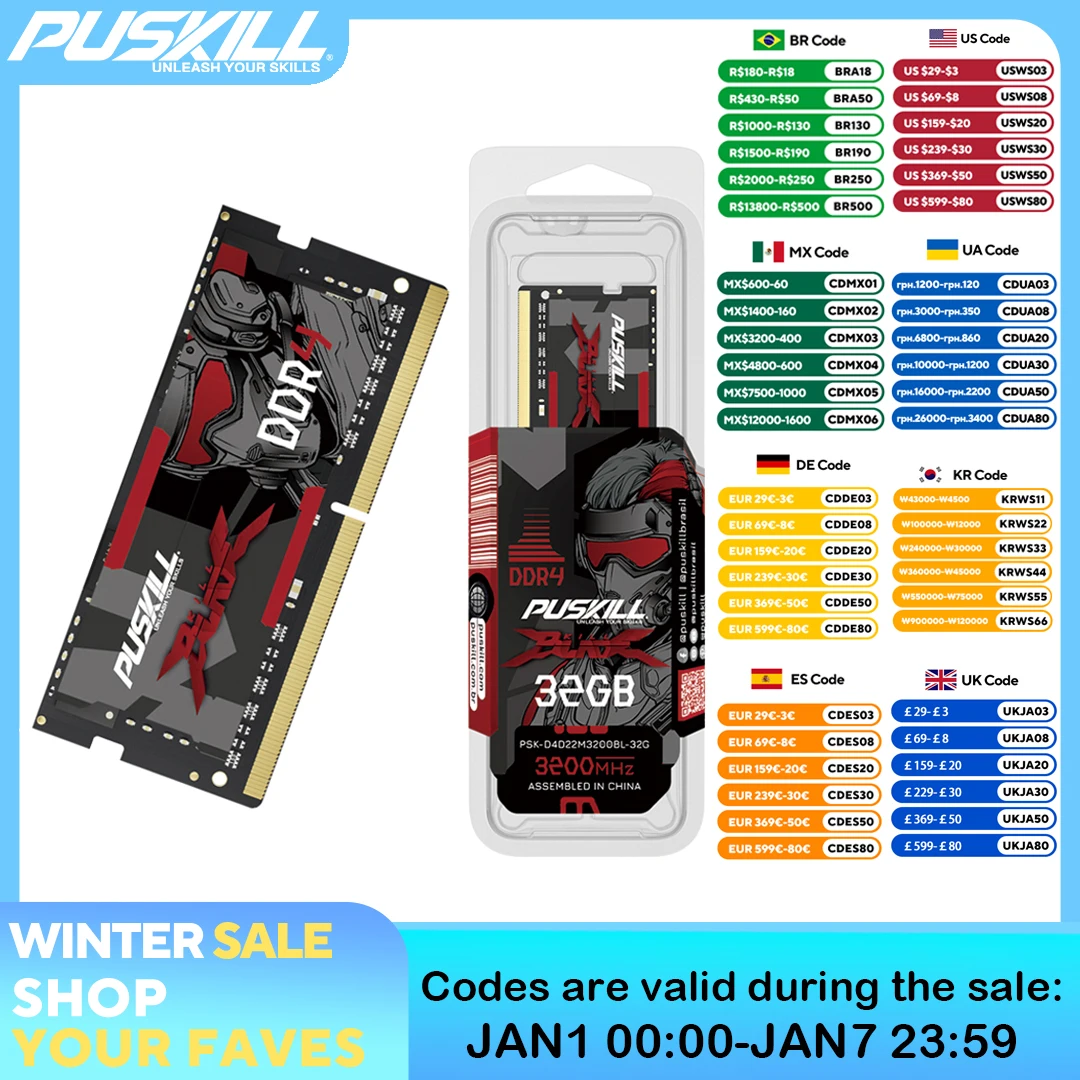 PUSKILL Memoria Ram Notebook DDR4 DDR3L 16GB 8GB 4GB 32GB 3200 2666 2400 1600 1333 Sodimm Laptop Memory