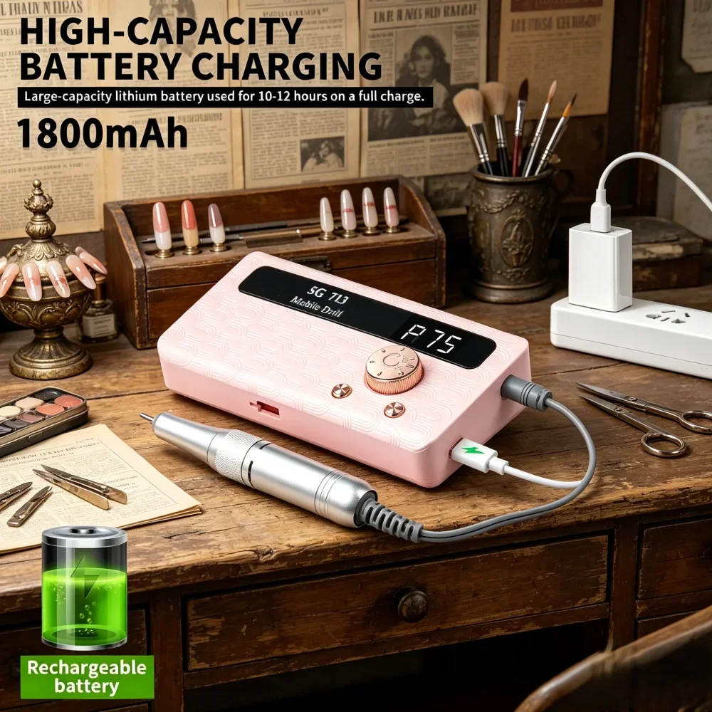 Portable Rechargeable Electric Nail Drill, 35000/45000RPM Professional Manicure Pedicure Machine for Gel Polish Removal