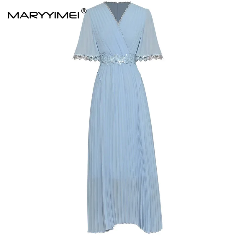 MARYYIMEI Fashion Designer dress Summer Women's Dress V-neck Short sleeved Beading Lace up Pleated Long Dresses