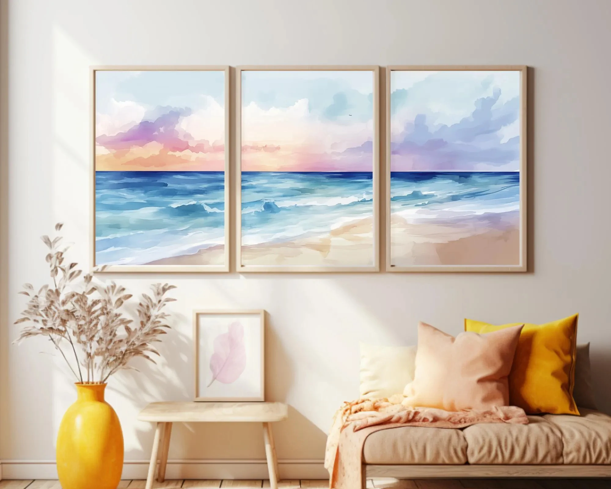 3PCS--Pastel Sunset Watercolor Print,Set of 3,Coastal Beach Wall Art,Ocean Seascape Decor,Pink Sunset Poster, Mediterranean W