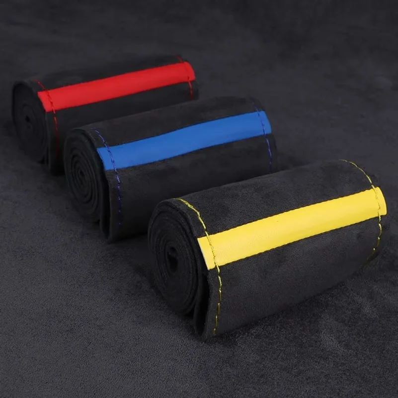 High-End Suede Car Steering Wheel Cover Universal Hand Sewing Soft Suede Leather Diy Steering Wrap 38cm Winter Car Accessories