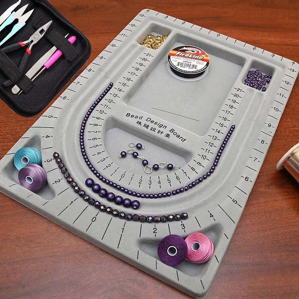 

Jewelry Making Organizer Tray Multi-functional Jewelry Design Tool Gray Flocked Bead Board Measuring Tool DIY Necklace Tool