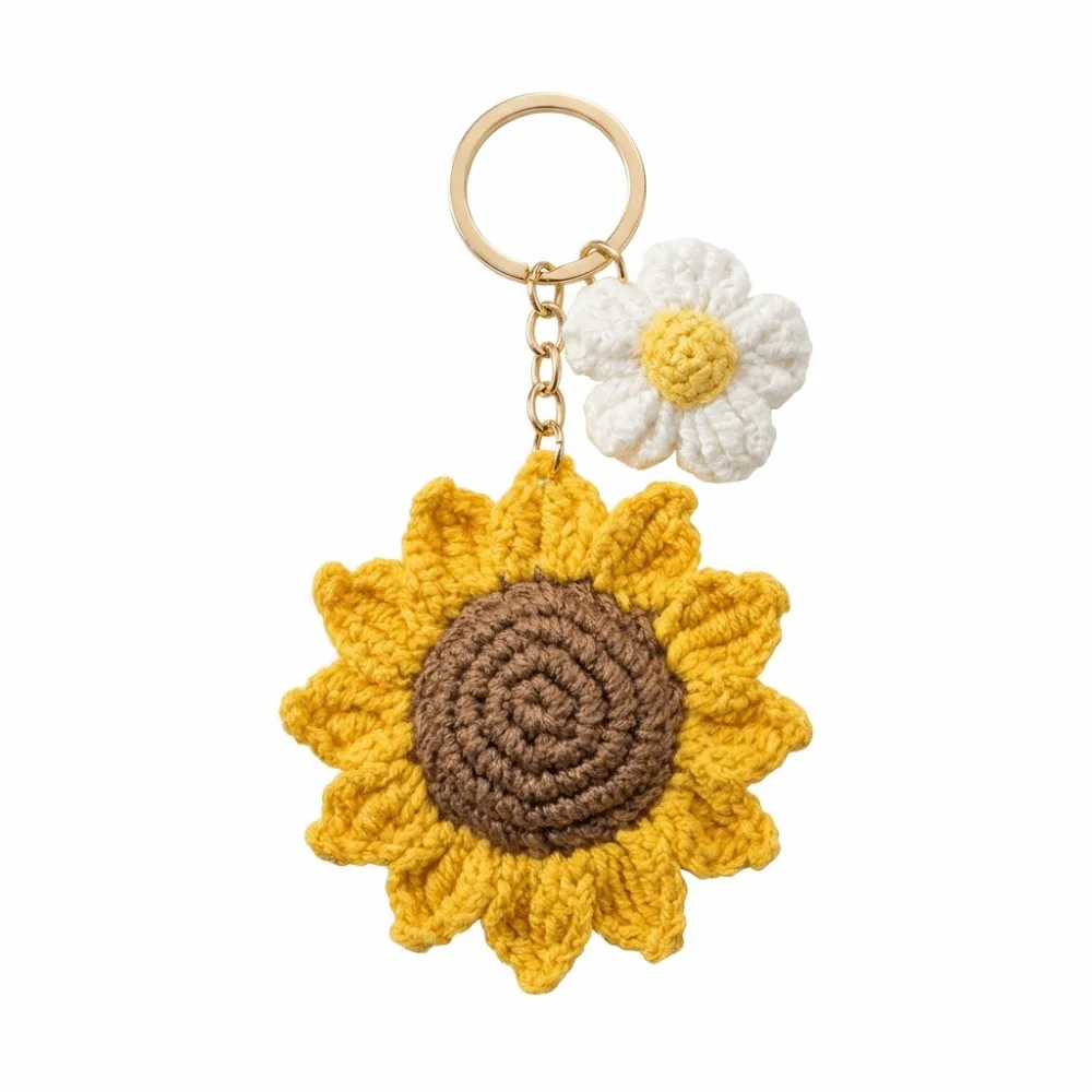 Cute Fabric Crochet Sunflower Pendant Cotton With Rope Knitted Keychain Lightweight Adjustable Bag Lanyard Charm Home Decor