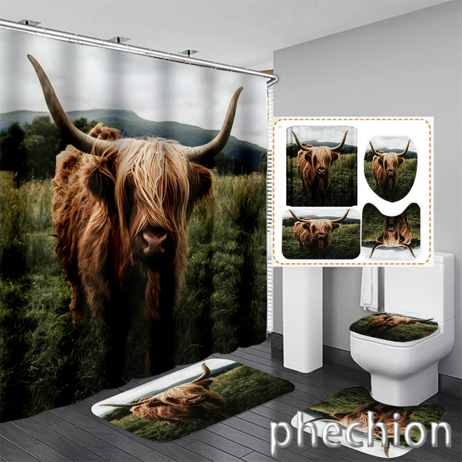 New 3D Print  Yak Shower Curtain Waterproof Bathroom Curtain Anti-slip Bath Mat Set Toilet Rugs Carpet VR45