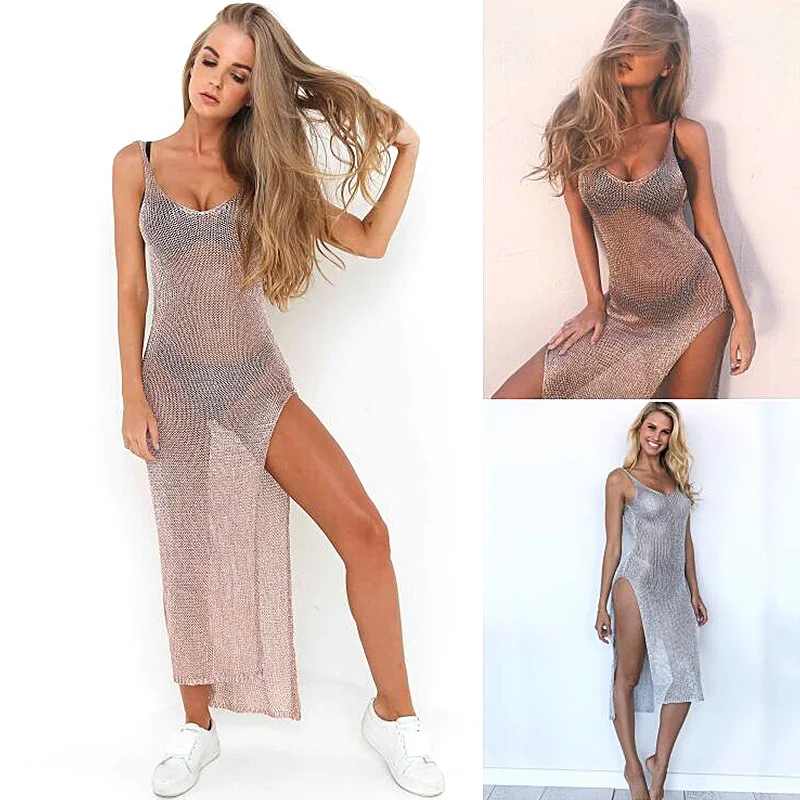 Summer Women Holiday Beach Outfit Crochet Swimwear Sheer Swimsuit Glitter Dress Long Cover Ups Mesh Beach Dress Bikini Beachwear