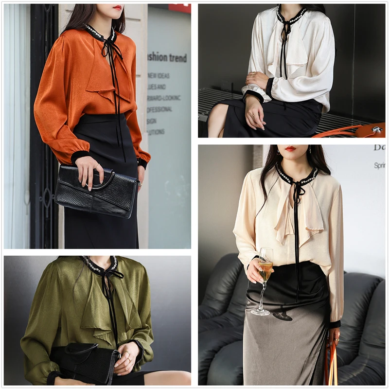 Women's Satin Shirts and Blouses, Office Lady Workwear, Long Sleeve Tops, Korean Clothing, Sales, SL011