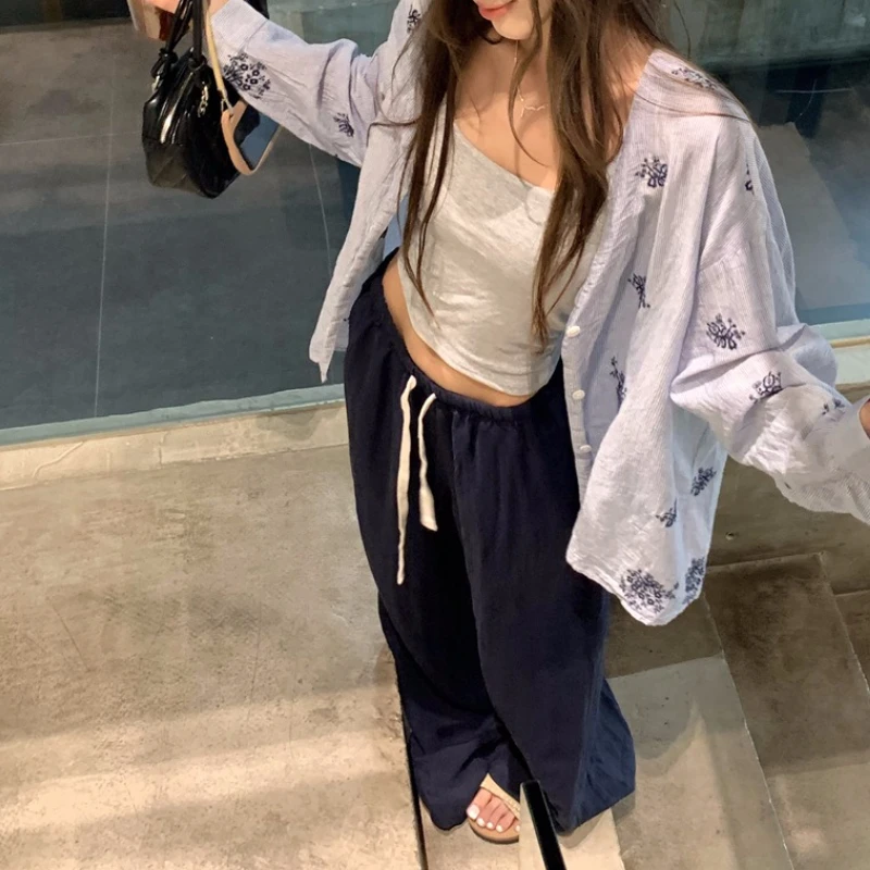 

Casual Suit Embroidered Loose Long-sleeved Shirt Women's Autumn 2025 New Elastic Waist Wide-leg Trousers Two-piece Set