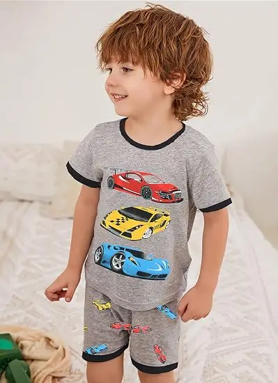 Little Hand Kids Cotton Printed Pyjamas Cartoon Racing Car Steam Night Clothes Summer Train Loungewear Set for 2-7Y Boys