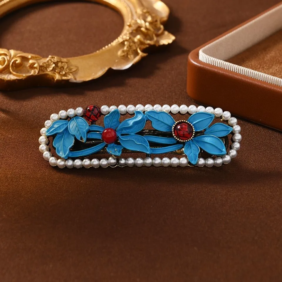 1pc Fashion Vintage Enamel Floral Hair Barrette Pearl Border Vibrant Leaves Accents Perfect Adding Timeless Oriental Cheongsam