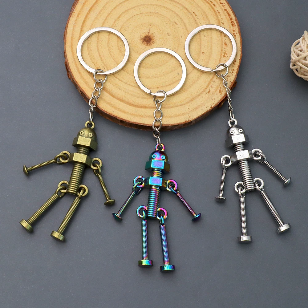 Creative Screw Robot Keychain 3 Color Movable Joint Robot Keyring Metal Bag Pendant Car Key Holder For Men Kids Birthday Gifts